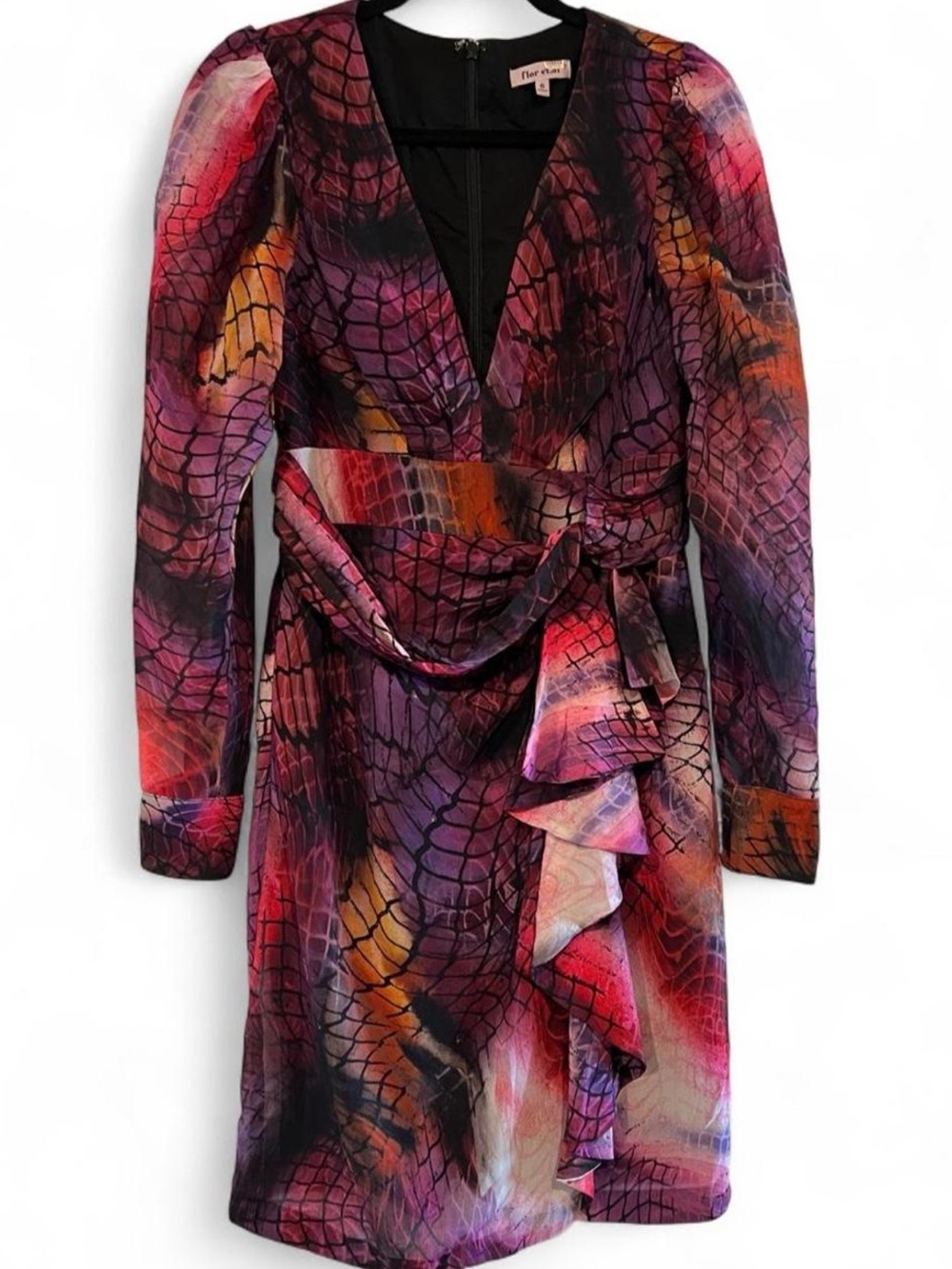 Flor et. al Abstract Python Grid Print Long Sleeve Ruffle Dress Size 6